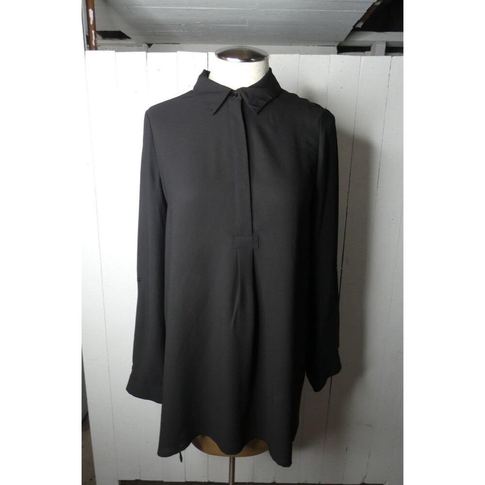 Anthro Pleione Women's M Black Chiffon Semi Sheer Popover Tunic Top Long Sleeve